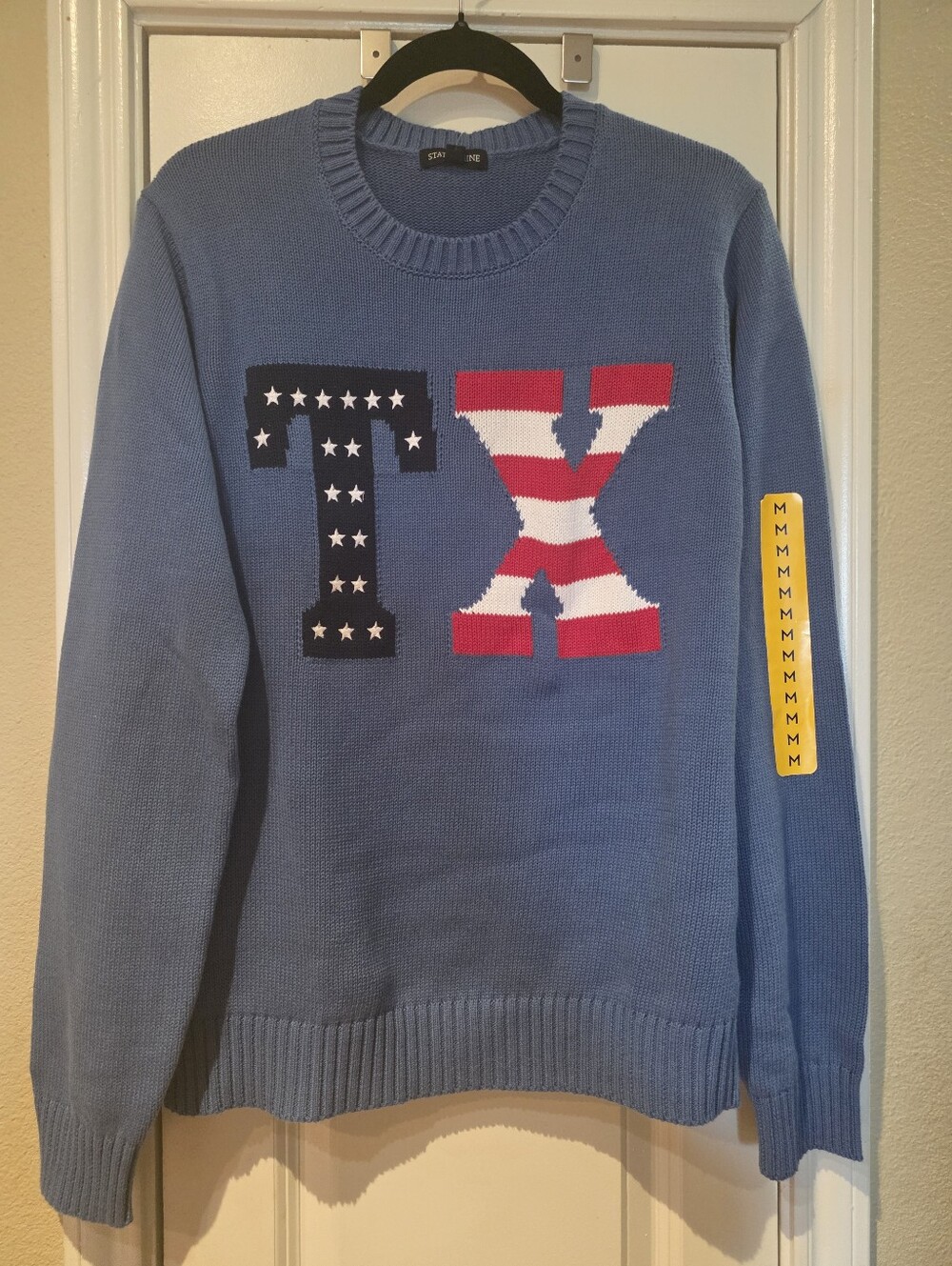 State of Mind Blue Crewneck Sweater with Red, White & Navy 'TX' Graphic M&L